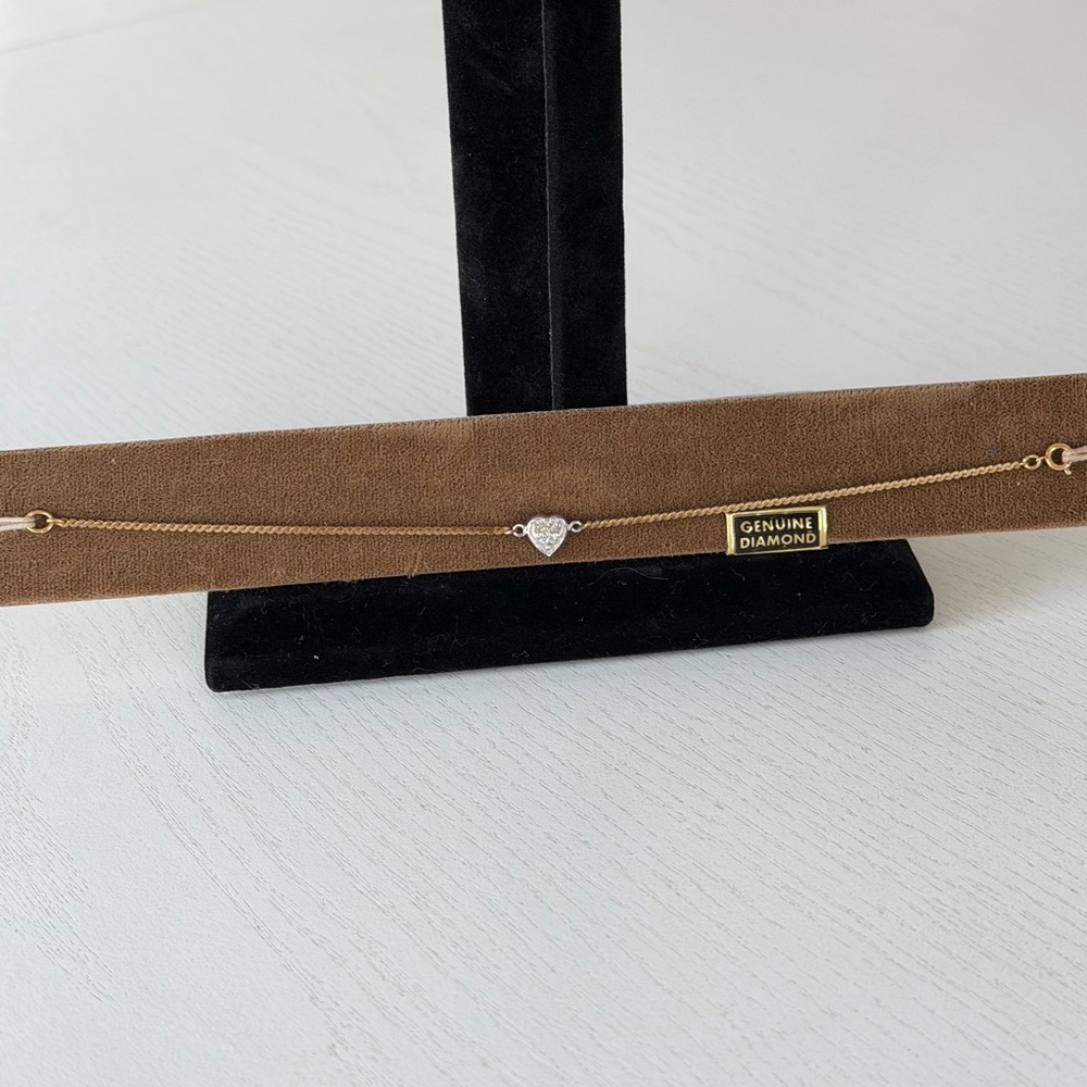 Vintage 14KT Gold Silver and Diamond Heart Bracelet, 6 1/2"